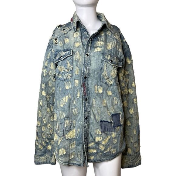 Mostly Heard Rarely Seen Grunge Long Sleeve Button down Shacket Denim Large - Picture 2 of 5